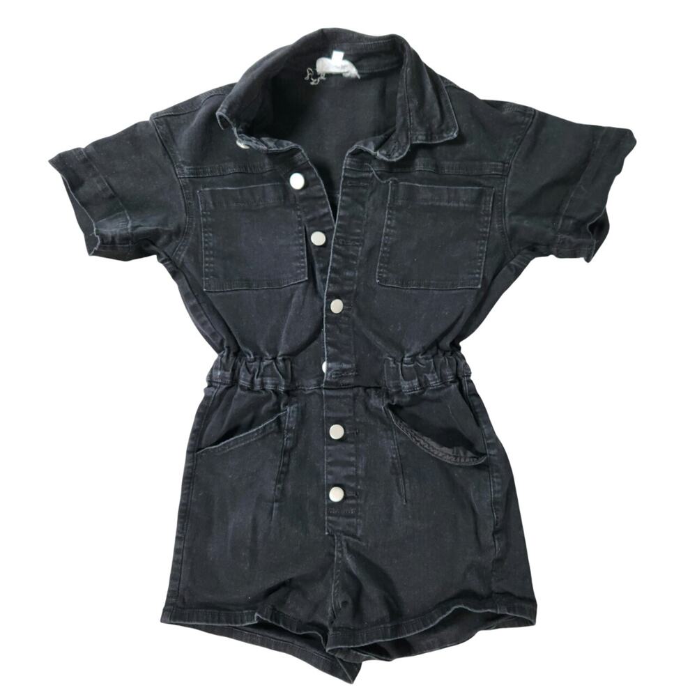Day + Moon Women's Black Denim Short Sleeve Utility Romper Button Front Size S